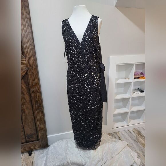 River Island Black Sequin Wrap Midi Dress NWT size 14 - Picture 3 of 5